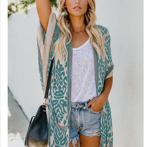 New Floral Open Front Midi Kimono Duster - Picture 2 of 5